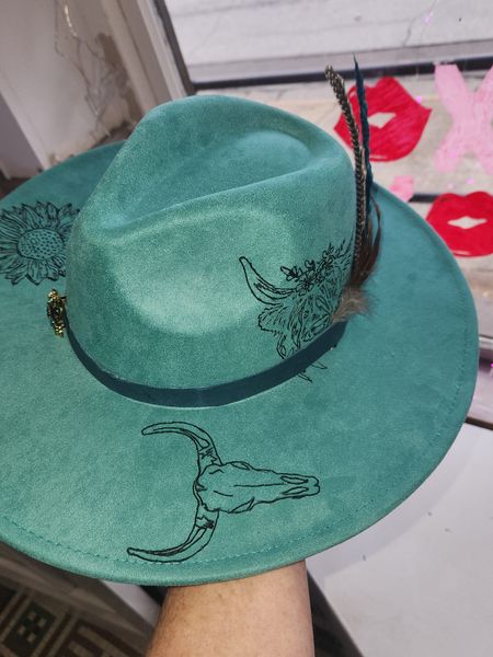 Hand Burned teal hat